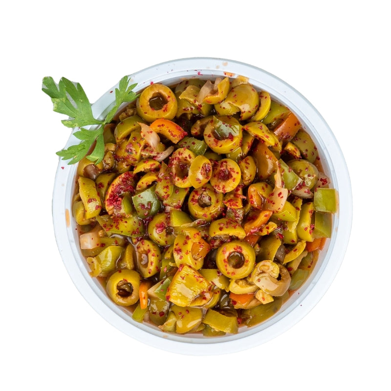Green Olive Salad Sliced, Chilli, 250g Green Olive Chilli Mix with Capsicum Paste UAE