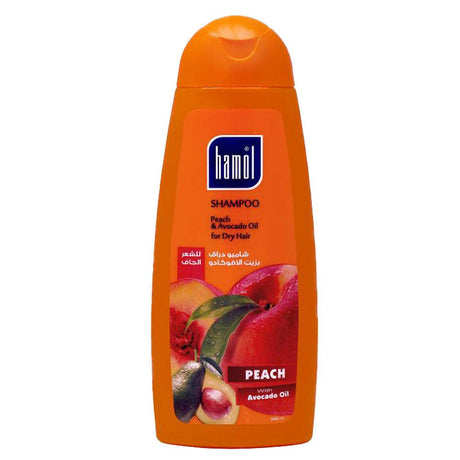 "Image of Hamol Shampoo With Peach & Avocado Oil 400ml bottle, designed for hydrating dry hair, featuring nourishing avocado oil and a refreshing peach fragrance."