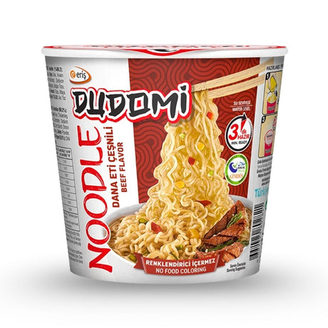 Cup of Dudomi beef-flavored noodles on a white background