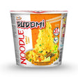 Cup of Dudomi noodle curry with branding and product details on a white background