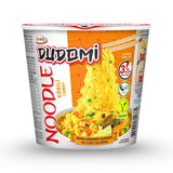 Cup of Dudomi noodle curry with branding and product details on a white background