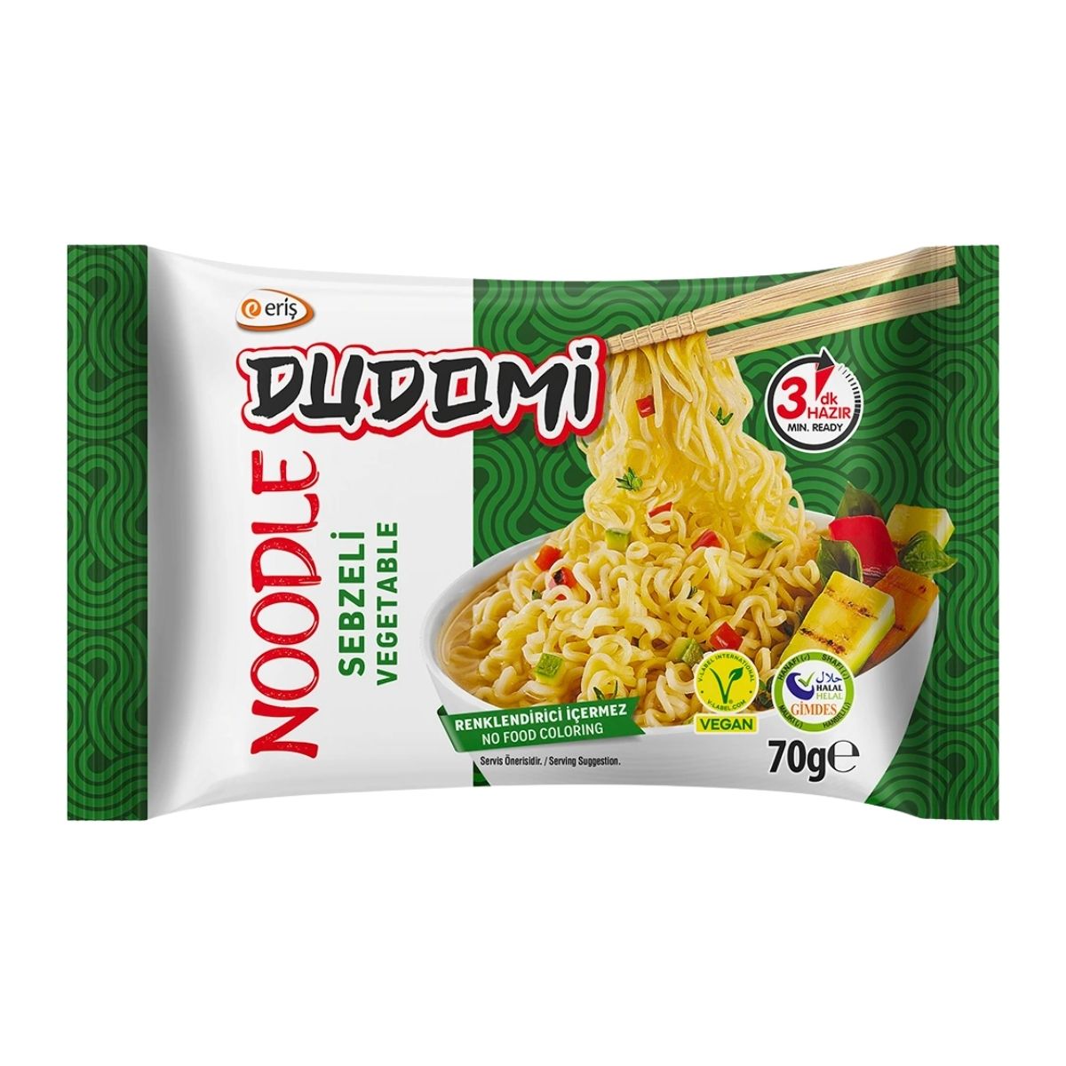 Packaged noodles with branding and product details on a white background