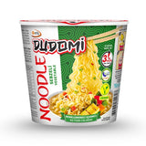 Cup of Dudomi vegetable noodles with packaging details on a white background