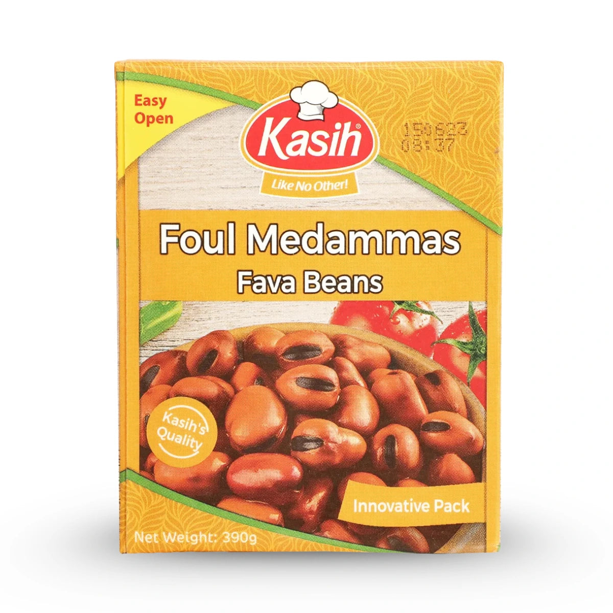 Kasih Foul Medammas Fava Beans packaging on a white background, source of protein and fiber, UAE