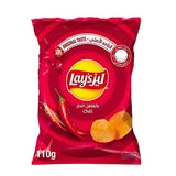 Red bag of Lay's Chili flavored chips on a white background