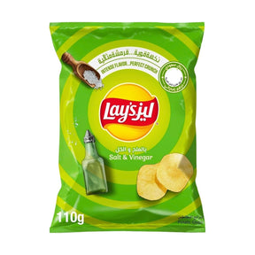 Green bag of Lay's Salt & Vinegar potato chips with brand logo and product details.