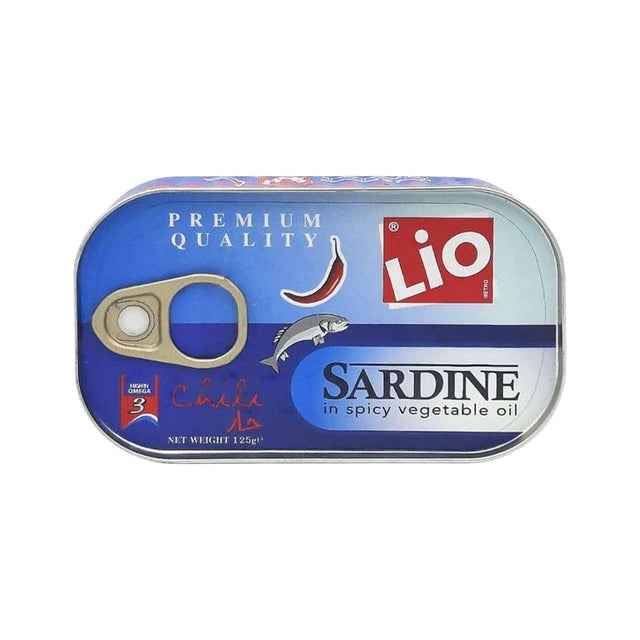 Lio Sardine with Spicy Vegetable Oil - 125g, premium sardines infused with a kick of heat and aromatic spices