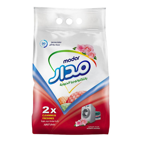 Madar Automatic Washing Powder, Floral Scent, 3kg packaging with washing machine and flowers on a white background