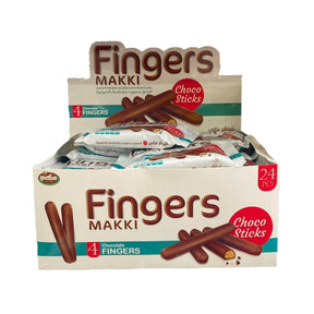 Box of Fingers Makki Choco Sticks with product images on a white background