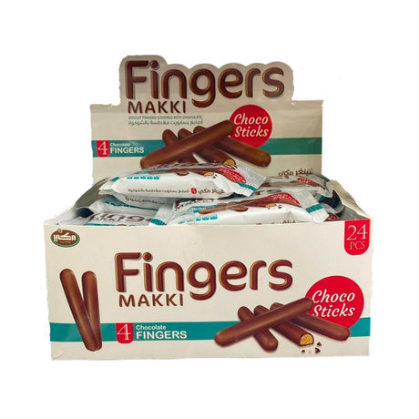 Box of Fingers Makki Choco Sticks with product images on a white background