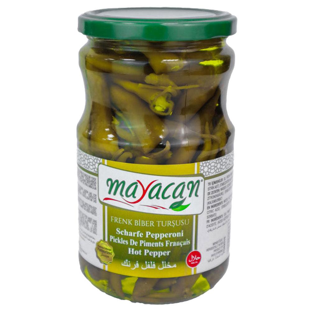 Jar of Mayacan Spicy Hot Pepper 680g, showcasing vibrant red peppers and bold labeling, perfect for adding intense heat and flavor to any dish