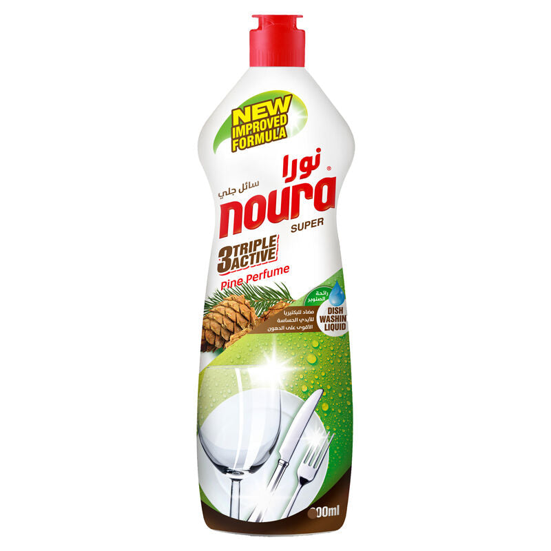 Bottle of Noura Dishwashing Liquid Detergent Pine 500ML with pine branches beside it.