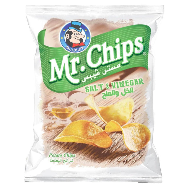 Packaging of Mr. Chips Salt & Vinegar potato chips on a white background
