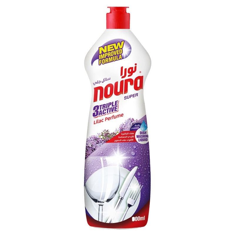 Bottle of Noura Dishwashing Liquid Detergent Lavender 500ML with lavender flowers beside it.