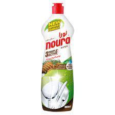 Bottle of Noura Dishwashing Liquid Detergent Pine 500ML with pine branches beside it.