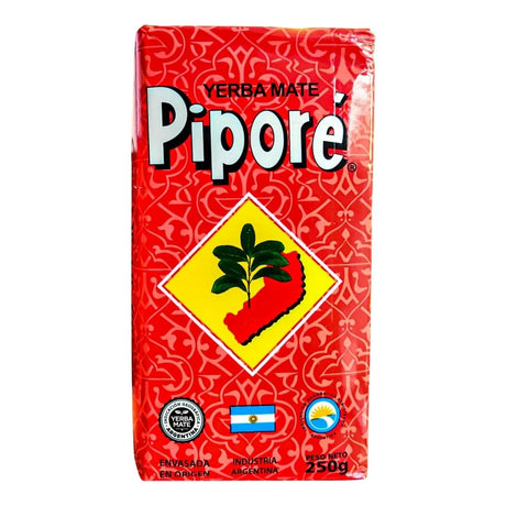 Red package of Pipore yerba mate with brand logo and text on a white background