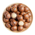 Roasted Macadamia in Shell, Coffee Taste, 500g, Wooden bowl filled with macadamia nuts on a white background