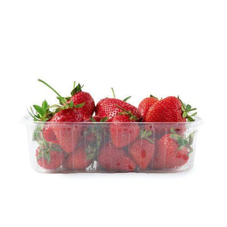 "Portable pack of fresh strawberry fruit featuring juicy red berries, showcasing their natural texture and green leaves, perfect for healthy snacking."