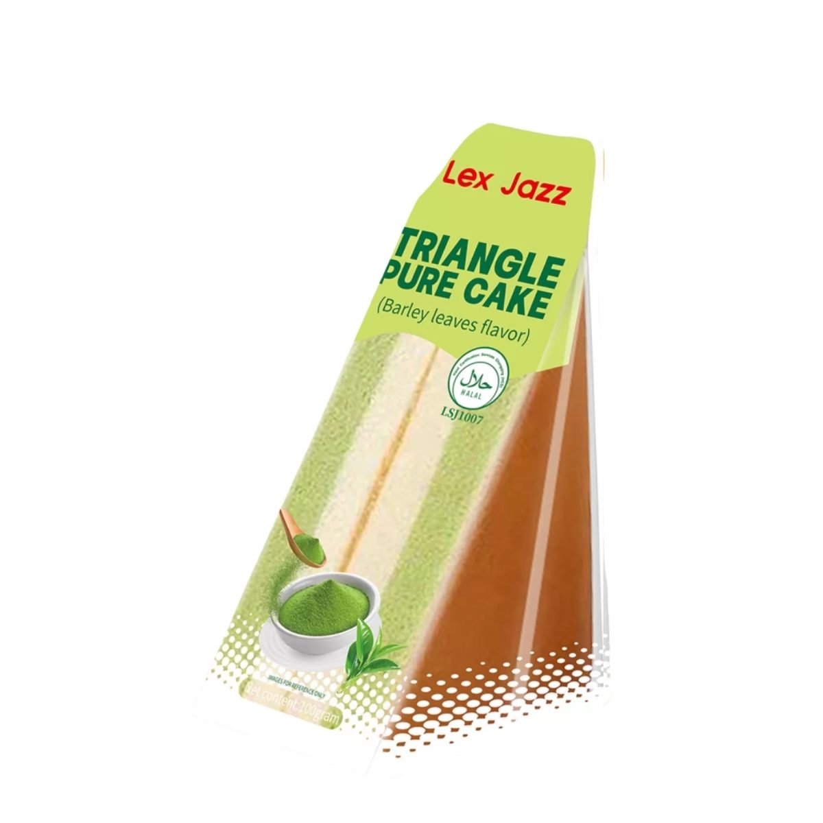 Lex Jazz Triangle Pure Cake packaging with green and brown design on a white background