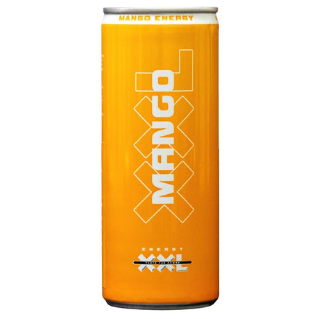 Orange energy drink can with 'Mango Energy' branding on a white background